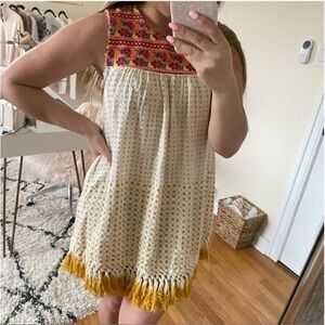 Ivy Jane Embroidered Shift Mini Dress Sleeveless FRINGE Colorful Boho Beach XS